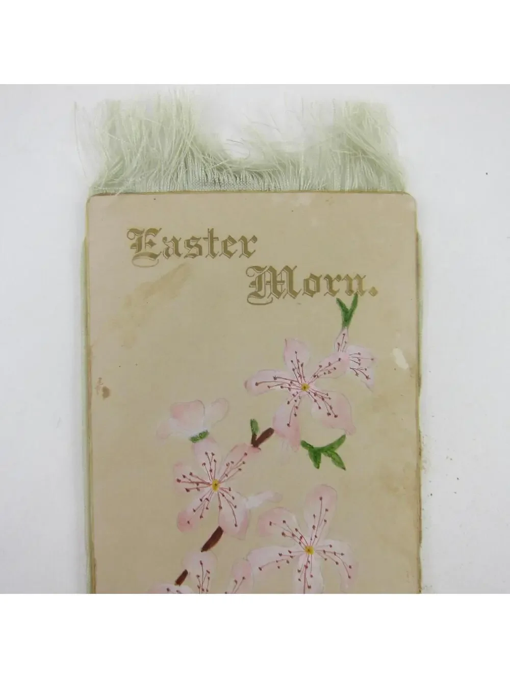 Victorian Card Easter Branch Blooms Pink Flowers Fringe Gold Gilt Edge Antique